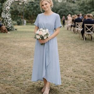 Roolee Gray short sleeve bridesmaid tie waist chiffon dress size L